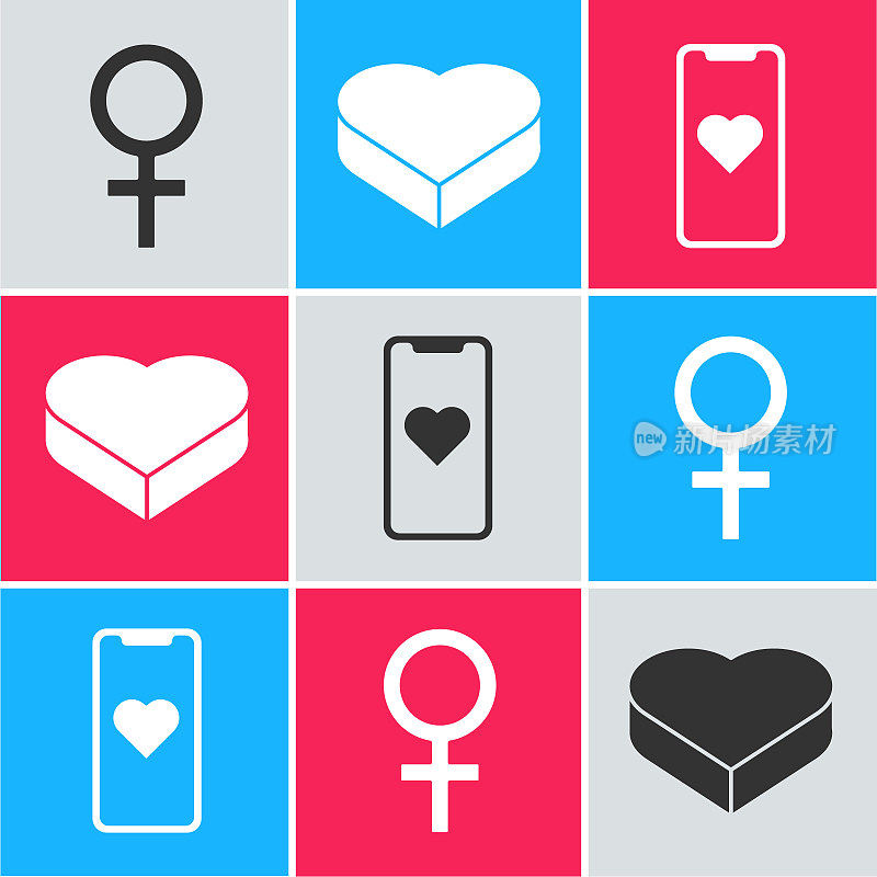 Set Female gender symbol, Candy in heart shaped box and Mobile phone with heart icon. Vector